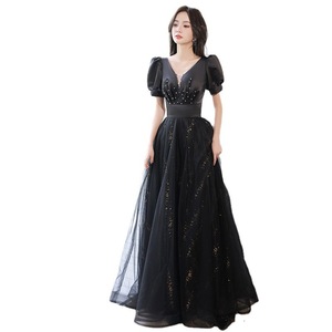 Women's Black Evening Gown V Neck Ball Gown Taffeta Fabric Natural Waistline Zipper Closure Elegant Long Dress For Banquets - Product Image 5