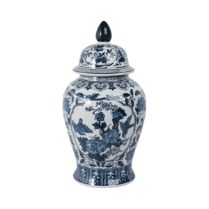 Vaso in ceramica con coperchio, design floreale blu e bianco, urna decorativa per soggiorno o camera da letto - Product Image 4
