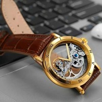 Montres Mécaniques Golden Bridge Squelette Automatique Mode Homme Luxe Bracelet en Cuir Véritable Mouvement Gravé Aiguille Lumineuse