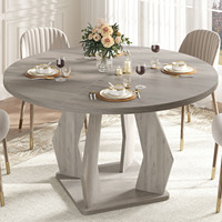 Ensemble de table à manger ronde 4 places, gris clair, grain de bois, panneau épais, quatre connecteurs métalliques, base robuste, moderne et élégant
