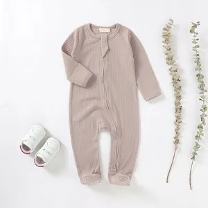 Macacão de bebê de algodão com nervuras, macacão de malha com zíper para bebês, roupa de dormir de algodão orgânico, macacão para recém-nascidos