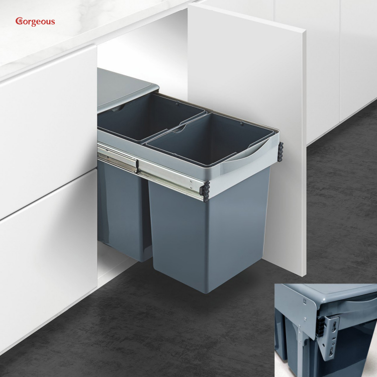 Various Hardware Kitchen Built-in Waste Bin Under Sliding Sorting Garbage Bin Solf Closing Drawers OEM ODM Modern White/ Gray