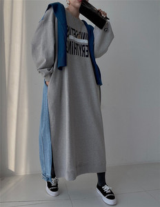 2025 coreano Patchwork Demin Dress oversize lungo T Shirt Modulare ampio ampio abiti con cappuccio Casual felpa abito da donna - Product Image 4