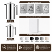 Cafetière à piston en acier inoxydable HC 304, 350-1000 ml, filtre fin 80 mailles, poignée ergonomique et bec verseur, finition brossée anti-corrosion