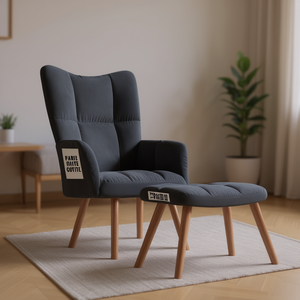 Dark Grey Living Room Chair With <b>Stool</b> Midcentury Modern Fabric <b>Wood</b> Legs Relaxing Seating Option - Product Image 2