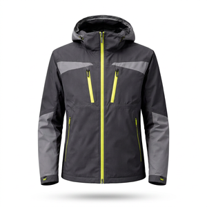 Veste de ski imperméable pour homme avec capuche, blocs de couleur et fermeture éclair, noire et grise avec accents jaunes fluo - Product Image 2