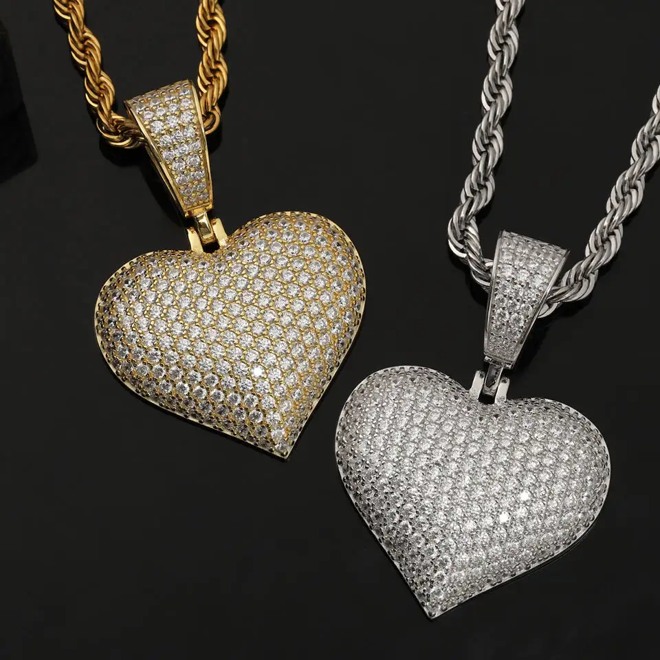 Cz jóias hip hop prata esterlina 925, amor, coração, pingente, colar, zircônia cúbica, grande formato de coração, pingente para jóias