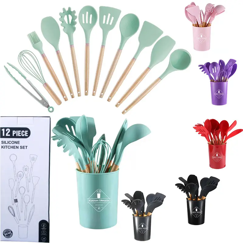 Amazon Hot Selling 12 In 1 Silicone Kitchen Accessories Kitchenware Cooking Tools Kitchen Utensils Set With Storage Holder