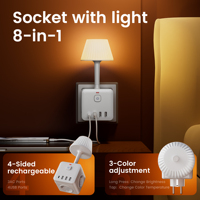 Regleta de enchufes múltiple Rohs CE KC con 3 tomas de CA 250V 16A, 3 USB-A, 1 Tipo-C y 1 Lámpara para dormitorio/escritorio