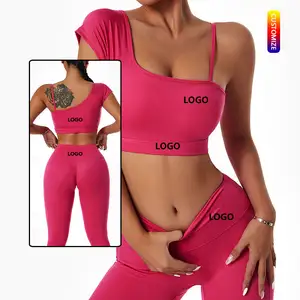 Unique Design 2 Piece U Neck Sportswear One Straps Sport Bra High Waist Hip Lift Yoga Legging Womens Gym Fitness Set