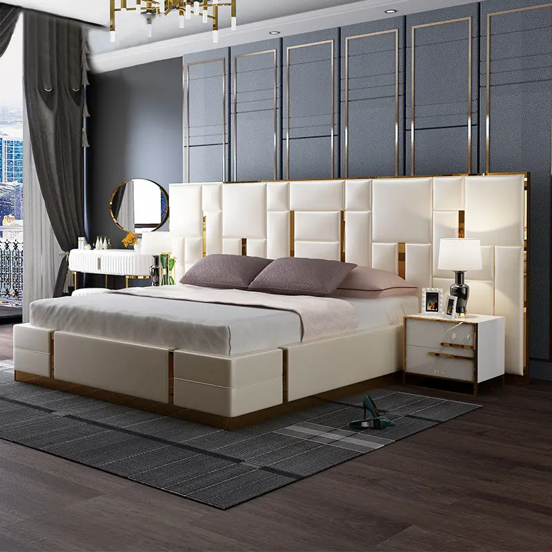 आधुनिक लक्जरी उच्च गुणवत्ता वाले चमड़े के बेडरूम फर्नीचर राजा आकार बिस्तर