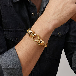 Rock Skull Head Charm Bracelet Men's Stainless Steel double <b>chain</b> Heavy gold <b>Chain</b> Gold Skull Punk Bracelets Biker Jewelry - Product Image 3