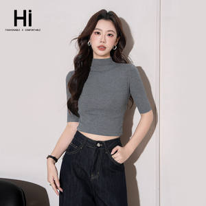 Nouveau Crop Top Court Femme Printemps Automne 2025, Tricoté à Col Demi-Montant et Manches Mi-Longues, Style Basique, Tendance et Polyvalent - Product Image 1