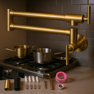 Rubinetto da Cucina in Ottone Massiccio, Finitura Oro Spazzolato, Braccio Girevole a Doppio Giunto, Montaggio a Parete, Monocomando, Design Moderno Industriale - Product Image 2
