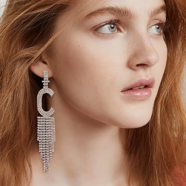 Exaggerated Rhinestone Chain Earrings Bling Crystal Initial Letter Tassel Earring Large Alphabet Letter Stud Earring For Women