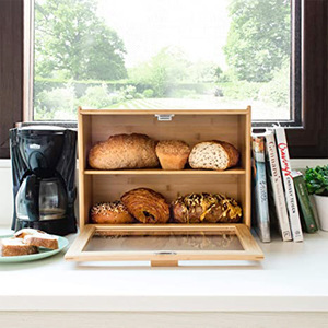 Boîte de rangement pour pain à double couche en bois de bambou avec couvercle en acrylique anti-poussière, organisateur de cuisine de forme rectangulaire - Product Image 1