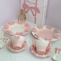 Petite Princesse Rose Doux – Assiette à Dessert et Fruits en Céramique avec Nœud 3D en Relief, Assiettes et Tasses Décoratives, Décoration de Table Esthétique Féminine pour la Maison