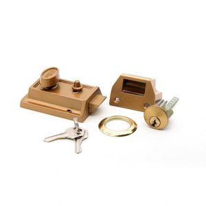 WEKIS Antique Style Keyless Night Latch Deadbolt Rim <b>Lock</b> Nickel Zinc Alloy with 60mm Backset and Front Door <b>Key</b> Gold Finish - Product Image 5