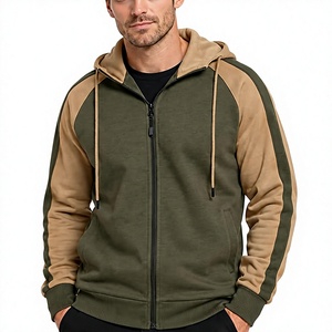 Sudadera con Capucha y Cierre de Cremallera para Hombre, Color Verde Oliva, Manga Raglán, Color Sólido, Informal, Tejido French Terry, para Otoño, Corte Regular - Product Image 1