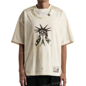 Camiseta de hombre personalizada, desgastada, con dobladillo sin rematar, de algodón, con lavado ácido vintage, corte holgado y corto, con doble cuello Sham - Product Image 2