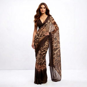 Sari élégant marron à imprimé léopard, en polyester, imprimé numérique, pour soirée, coupe classique, longueur ras du sol, pour femme, Inde, Pakistan, Bollywood - Product Image 1
