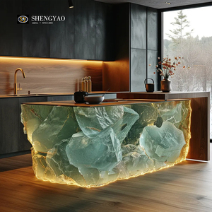 Encimera de Barra de Cocina con Cascada, de Piedra Translúcida de Resina de Cuarzo Cristal Verde Iluminado - Product Image 3