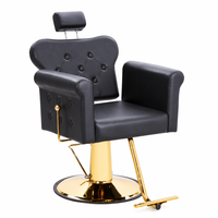 Fauteuil de Barbier Moderne en Similicuir Noir et Or, Inclinable Hydrauliquement, avec Appui-tête, Pivotant à 360°, Chaise de Salon de Coiffure Réglable en Hauteur
