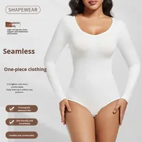 Body sculptant sans couture à manches longues pour femme grande taille, en nylon tissé à sequins, col rond, effet ventre plat