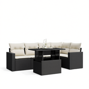 Ensemble de canapés de jardin en rotin noir avec coussins crème, mobilier d'extérieur au design contemporain, résistant à l'eau et aux UV, en matériau PE - Product Image 1