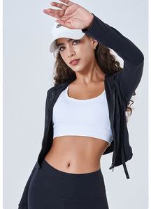 Aoyema Vêtements de sport pour femmes avec logo personnalisé Haut de gymnastique mince à manches longues avec fermeture éclair et capuche avec cordon de serrage Vestes respirantes pour le fitness et le yoga - Product Image 5