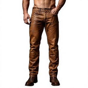 Pantalon en cuir marron vieilli, taille mi-haute, coupe droite, longueur complète, style décontracté avec bords effilochés et fermeture boutonnée - Product Image 1