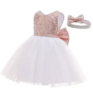 Baby Girls Luxus Big Bow Kleid Pailletten rücken frei formelle Geburtstag Weihnachts feier Kleid mit kostenlosen Kopf bedeckungen