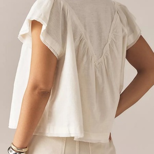 Blusa de Verano para Mujer, Nueva, a la Moda, de Alta Calidad, con Cuello en V, Manga Corta, Encaje Frontal, de Algodón - Product Image 6