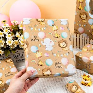 Rollo de Papel de Regalo para Baby Shower, Papel de Regalo de Cumpleaños con Temática Animal, con Lindos Leones, Elefantes y Jirafas - Product Image 1