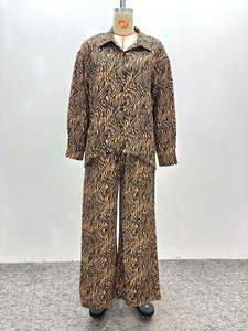 African Women's Zebra Print Long Sleeve Lapel Shirt Vintage Wide Leg <b>Pants</b> 2 Piece Loose Set Fashion - Product Image 5