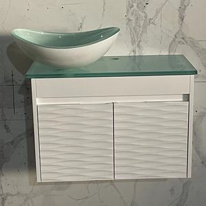 Mueble de Baño Esquinero <span class=keywords><strong>Pequeño</strong></span> para Hotel, Moderno, de Pared, Ecológico, Duradero, Impermeable, de PVC con Lavabo de Vidrio - Product Image 3