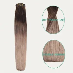 Top Quality Double Drawn Balayage Pu Skin Weft 100% Virgin Remy Russian Clip In Human Hair Extensions For Office Lady
