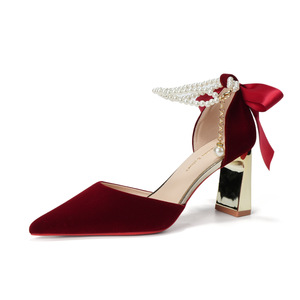 Velvet Ankle Strap Heels <b>With</b> Pearl Chain And <b>Bow</b> Wedding <b>Shoes</b> For Women - Product Image 5