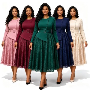 Robes d'automne tendance <span class=keywords><strong>D649</strong></span> pour femmes, élégantes et décontractées, avec dentelle, manches longues, deux pièces, effet illusion, robes de travail pour femmes, robes de bureau - Product Image 1