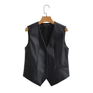 V neck black color single breasted casual fashion leather vest waistcoat for women