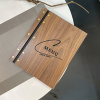 Porte-menu en bois classique et durable en contreplaqué noir A4 avec revêtement en similicuir, logo personnalisé imprimé pour restaurant, café, classeur à visser.