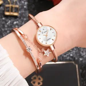 Fashion Horloge Set Armband Gold Casual Kleine Quartz Horloge Gouden Geometrische Glas Oppervlak Kleurrijke Horloge