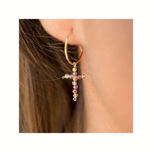 Freshwater Pearls Beaded Cross Earrings 18k Gold Plated Hoop Earrings Waterproof <b>Unique</b> Design Handmade Jewelry <b>for</b> <b>Her</b> <b>Gifts</b> - Product Image 2