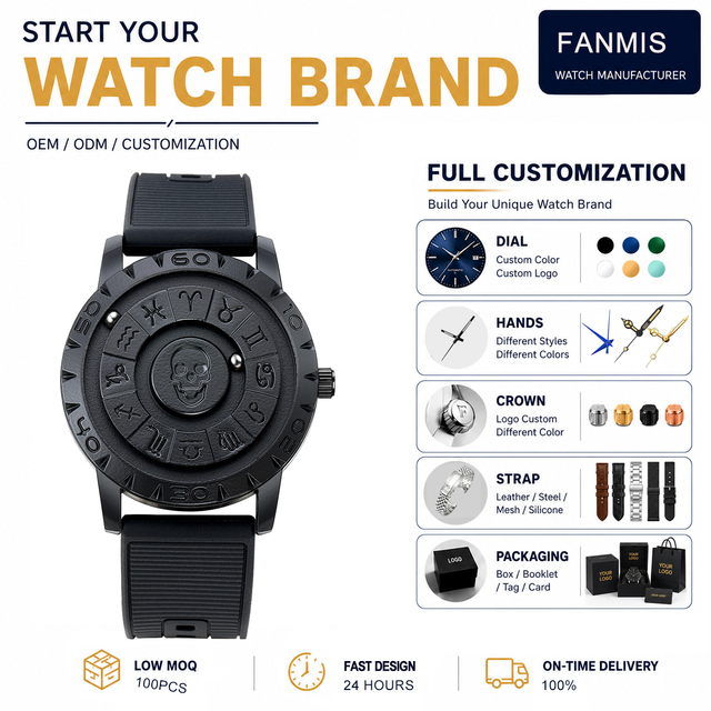 Fashion Quartz Watch Rotating Magnetic Ball Pointer Round Waterproof Creative Zodiac Skull Decor Casual Wristwatch for Men
