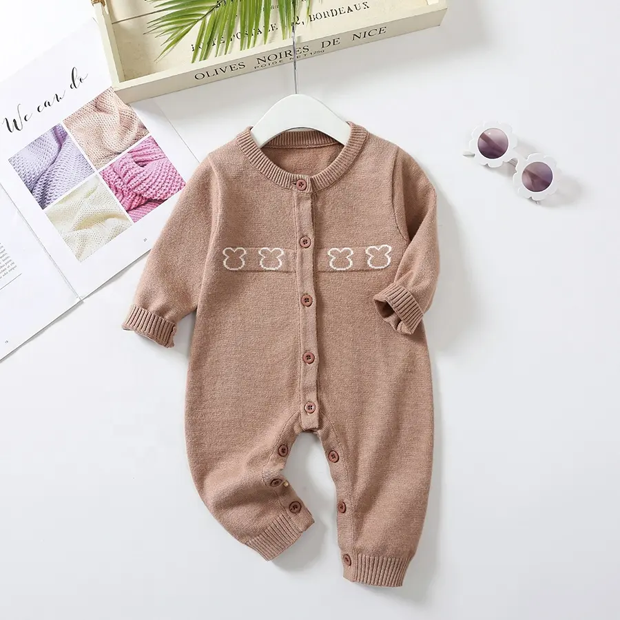 Custom Fall Winter White Pattern Long Sleeve Infant 100% Cotton Clothes Jumpsuit Toddler Knitted Baby Sweater Romper