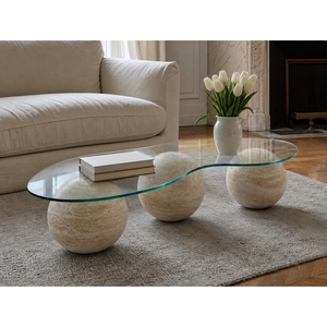 <span class=keywords><strong>Mesa</strong></span> de <span class=keywords><strong>Centro</strong></span> de Lujo SH STONE con Base de Tres Esferas de <span class=keywords><strong>Travertino</strong></span> y Cubierta de Vidrio con Forma Orgánica para Sala de Estar - Product Image 1