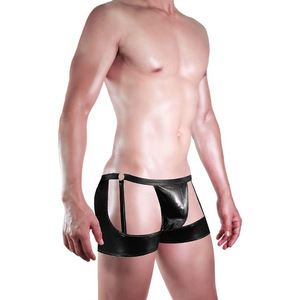 Boxers sexy pour hommes en similicuir taille basse avec découpes pour porte-jarretelles, sous-vêtements noirs en Spandex - Product Image 2