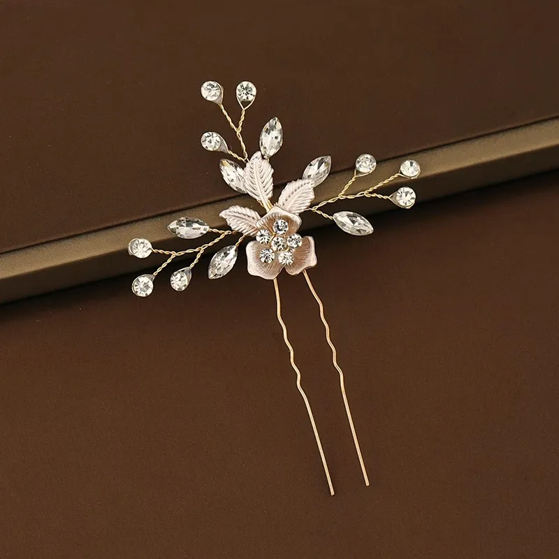 Perla de oro Tiara horquilla de diamantes de imitación de cristal joyería de pelo de la flor hecha a mano Boda nupcial horquilla para las mujeres