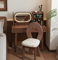 Table de toilette moderne et simple avec rangement et miroir LED rond pour chambre et petit appartement, meuble cosmétique en bois de pin