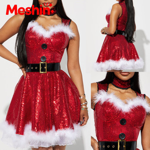 Falda Navideña Roja con Lentejuelas Sexy Clásica de Meshin para Mujer, Conjunto de Lencería Navideña de 3 Piezas con Accesorios, Disfraz de TV y Cine - Product Image 2